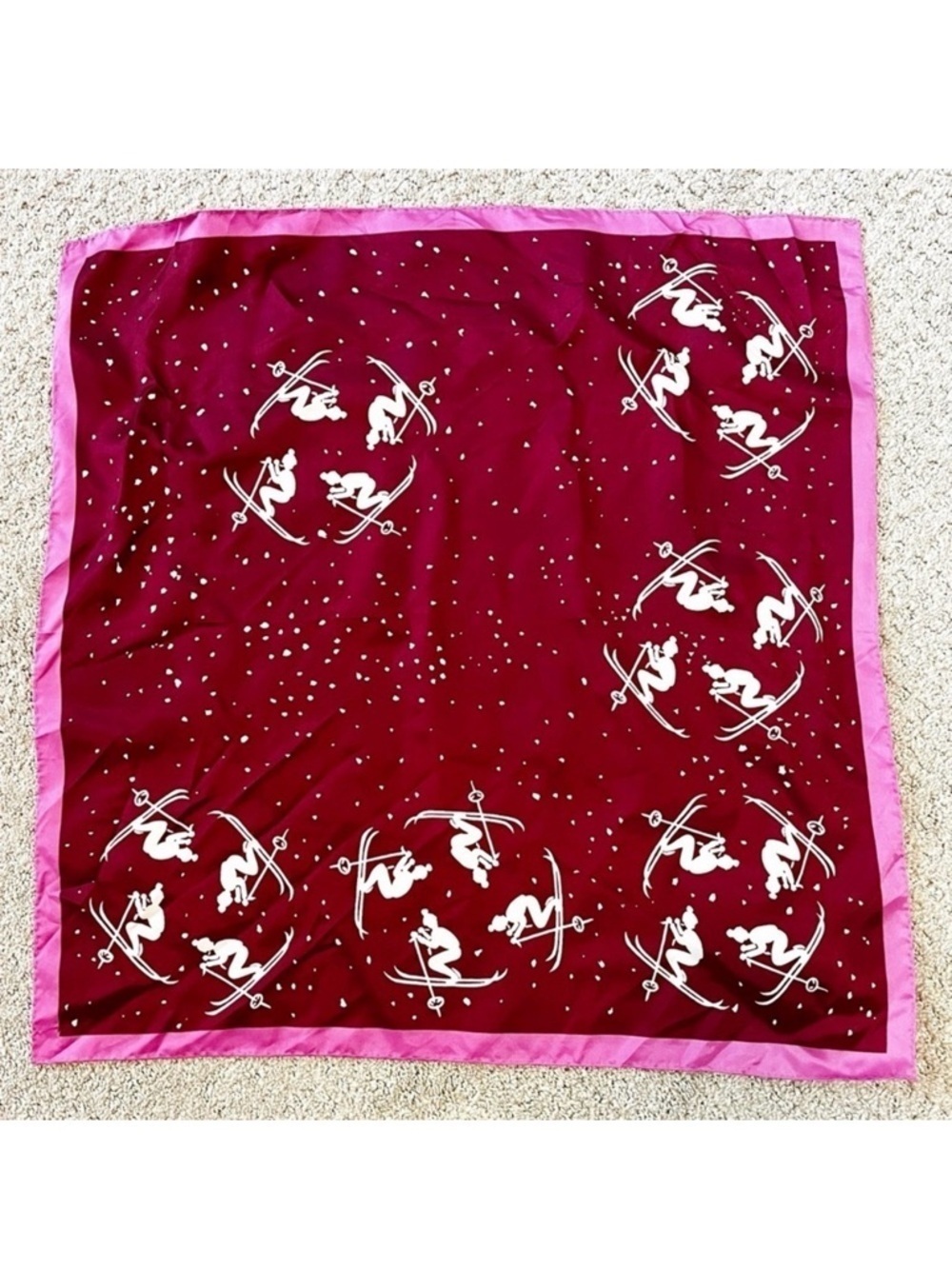 Vintage Burgundy Silk Scarf Women Skiing Winter Sports Retro White Pink Classic